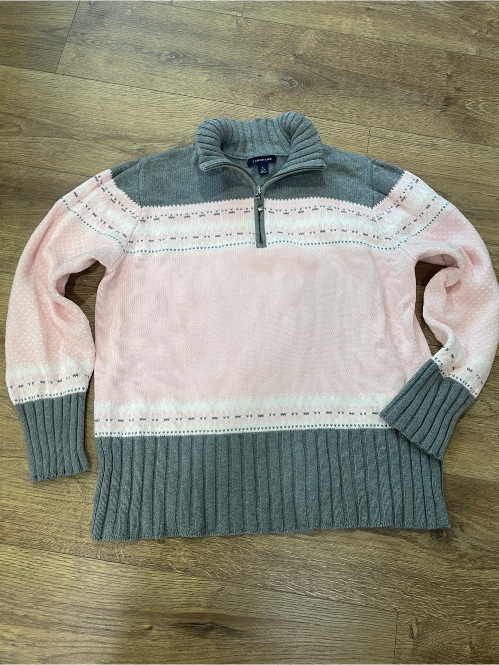 Lands' End Pink and Gray Half-Zip Cowl Sweater